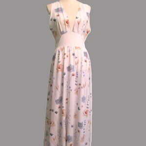 Feminine Floral Sleeveless Deep Plunge Neck Midi Dress-Size Large-NWOT